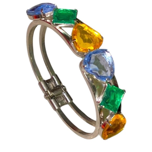 Vintage Colorful Rhinestone Heart Silver Tone Clamp Clamper Bracelet - Picture 3 of 6